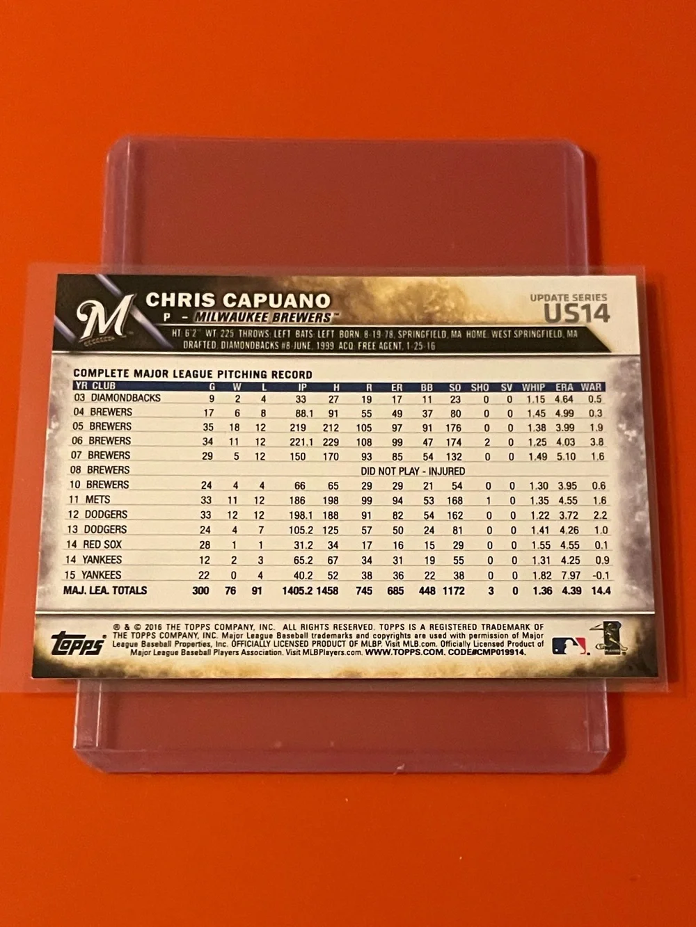 Chris Capuano #US14 2016 Topps Baseball Trading Card
